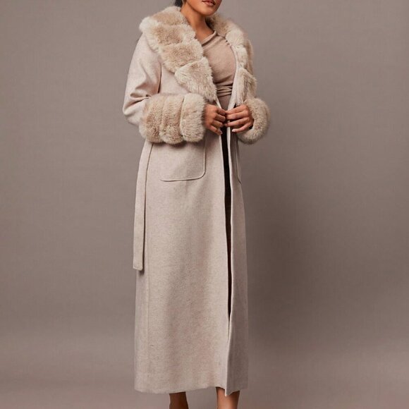 Khaki Elegant Womens Warm faux Fur trimmed belted Jacket  Coat - Picture 7 of 8